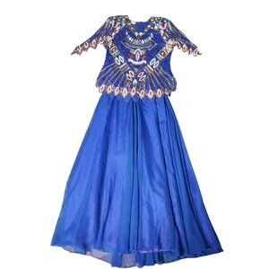 Vintage 100% Silk Hand Beaded Blue Top Blouse Flowy Skirt Set Size 12